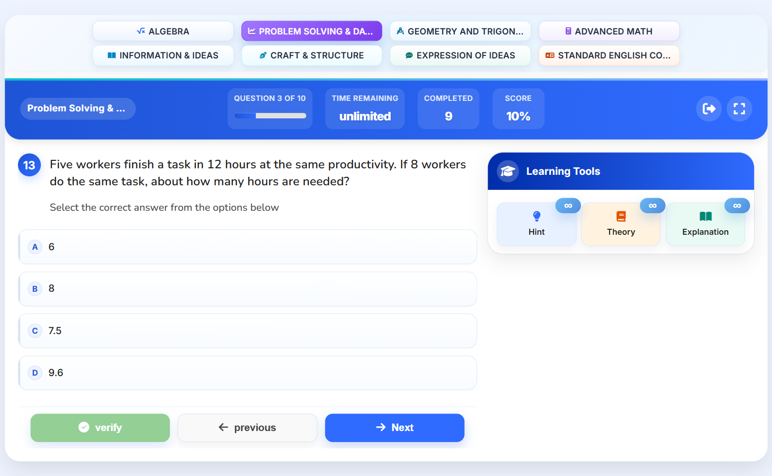 TestGrind SAT question interface preview