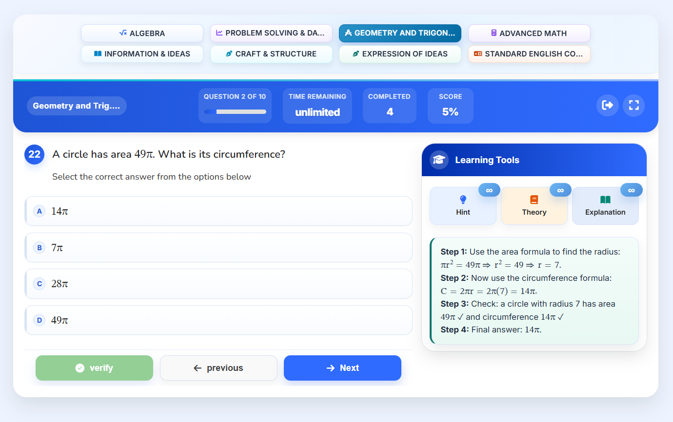 TestGrind SAT question interface preview
